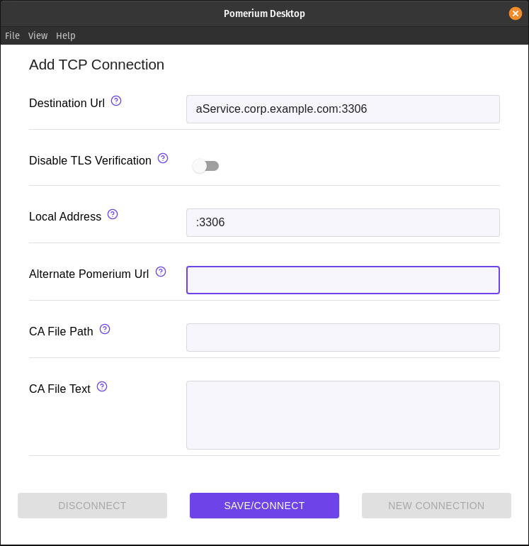 An example connection to a MySQL service from Pomerium Desktop